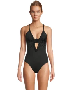 BECCA Colette Clare Crochet Flower Plunge One Piece | Swimwear
