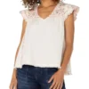 Liverpool Los Angeles Flutter Sleeve V-neck Woven Blouse With Embroidery | Shirts & Tops