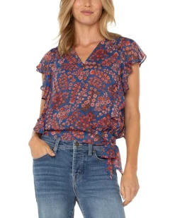 Liverpool Los Angeles Petite Short Sleeve Ruffle Sleeve Draped Front Woven Blouse | Shirts & Tops