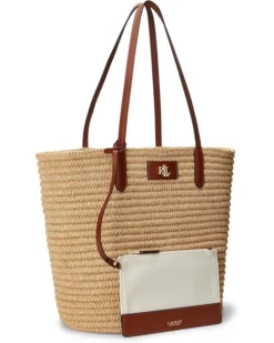 Lauren Ralph Lauren Leather-Trim Straw Large Brie Tote Bag | Handbags